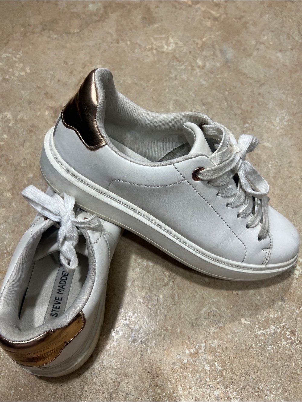 Steve Madden White Sneakers with Metallic Rose Gold Heel